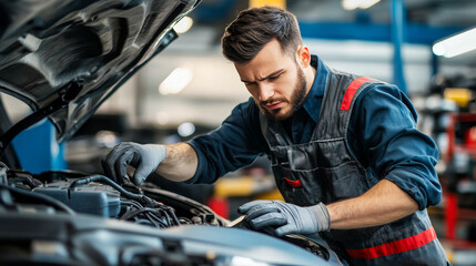 Car repair station round pattern mechanic man vehicle auto garage service vector illustration. Transportation technician mechanical inspection engine shop.