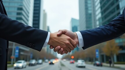 Business people shaking hands with each other in the city. Close up.
