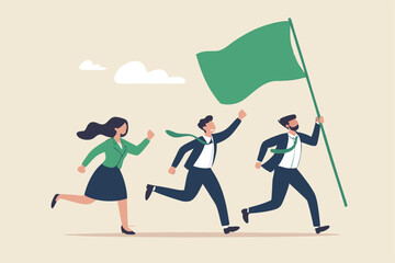 Leader determination to lead team to success, motivation to win together, direction forward for future success, victory or triumph concept, businessman leader holding winner flag leading to success.