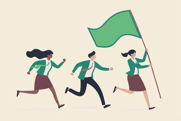 Leader determination to lead team to success, motivation to win together, direction forward for future success, victory or triumph concept, businessman leader holding winner flag leading to success.