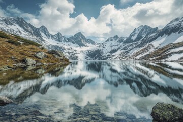Fototapeta premium Majestic mountain lake reflection with snowy peaks and clouds in scenic alpine landscape