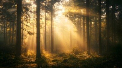 Enchanting Sunlight Filters Through Towering Trees in Misty Fairy-Tale Forest Landscape