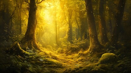 Fototapeta premium Enchanting Golden Glow in a Mystical Forest Landscape with Vibrant Moss and Lush Foliage