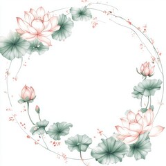 a circle frame of little flowers in water green and pink, watercolor 