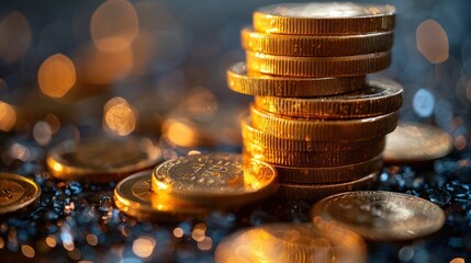 Stack of golden coins on dark background with bokeh.