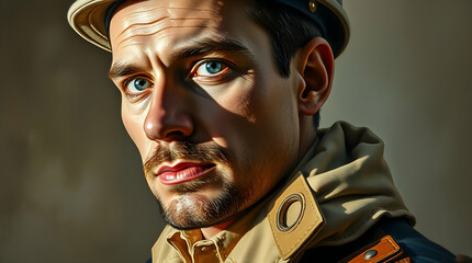 Intense Portrait of Man with Blue Eyes, Well-Groomed Mustache, Military-Style Cap and Uniform, Dramatic Lighting, and Focused Expression