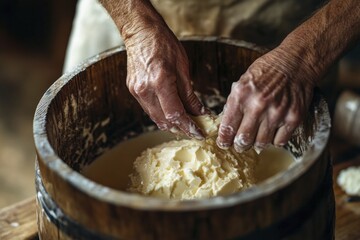 Fototapeta premium Artisanal cheese making: handcrafting authentic dairy in traditional wooden barrel