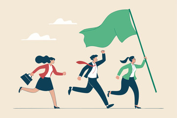 Leader determination to lead team to success, motivation to win together, direction forward for future success, victory or triumph concept, businessman leader holding winner flag leading to success.