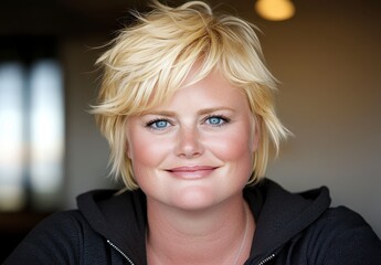 Fototapeta premium Portrait of a Smiling Woman with Blonde Short Hair and Freckles