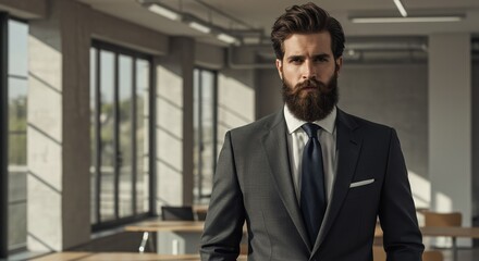 Fototapeta premium Professional Businessman in Modern Office Setting, Stylish Bearded Man in Suit for Corporate Success