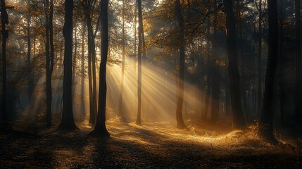 Obraz premium Enchanting Golden Beams Piercing Through Misty Autumn Forest Landscape
