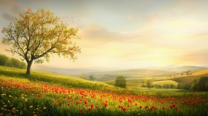 Solitary Tree in a Poppy Field at Sunset
