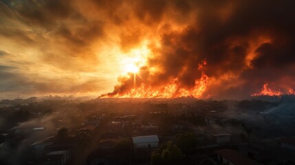 A striking visual of a wildfire raging against the horizon, symbolizing the devastating effects of climate change and the urgent need for awareness and action.