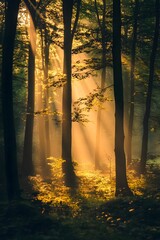 Enchanting Forest Bathed in Golden Sunbeams and Misty Ambiance