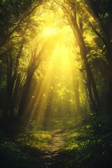 Obraz premium Lush Fantasy Forest with Glowing Golden Rays and Ethereal Mist, Perfect for Storytelling or Mystical