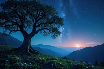 Ancient trees, phosphorescent moss, starry sky, moss, magical, magical