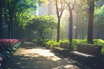 Fototapeta premium Park in city in sun day. Garden and greenery with bench. Urban nature, green, health environment for walking, resting and relaxing