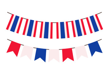 Fototapeta premium Set of Patriotic bunting Thai flags on the ropes. Thailand flags garland, bunting garland with Thai flags. Template for Independence day and patriotic projects. Vector illustration, isolated on white.