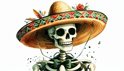 Skeleton wearing sombrero with floral and feather details. Watercolor illustration for Day of the Dead celebration and Mexican culture