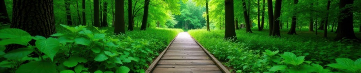 Narrow wooden boardwalk meanders through emerald forest, vibrant green canopy overhead , wooden boardwalk, adventure, quiet