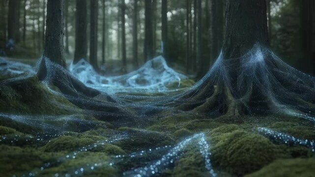Mystical forest illuminated by glowing blue mycelium networks beneath ancient trees. Concept nature&rsquo;s connectivity, hidden intelligence, biodiversity, harmony, mystery, and organic communication.