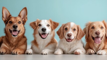 Four joyful dogs lie close together, showcasing their playful personalities and bright smiles, evoking feelings of happiness and warmth in this heartwarming scene.