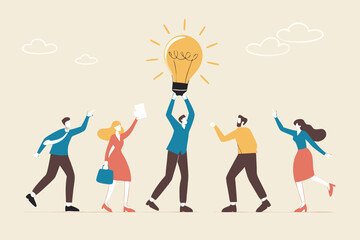 Solution expert solving problem or leader giving advise in meeting discussion, thinking for solution, creativity or professional to help, eureka moment concept, businessman with bright lightbulb.