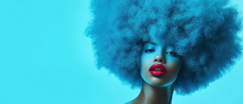 Bold portrait of a woman with vibrant blue afro hairstyle, striking red lips, against a bright turquoise background, showcasing beauty and individuality.