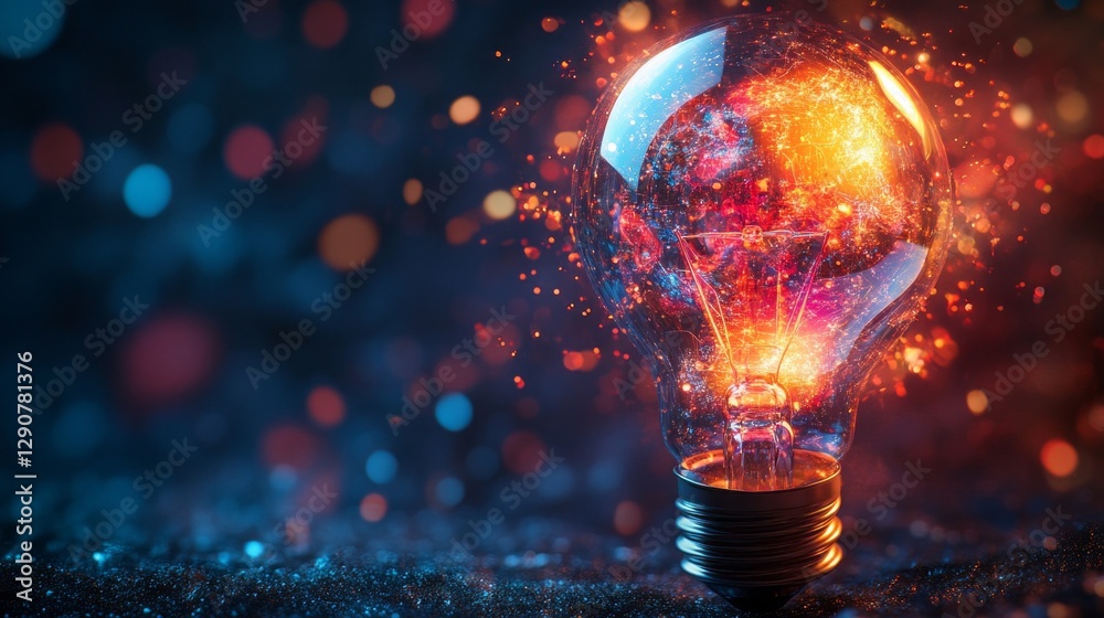 Poster a radiant lightbulb glows with a spectrum of vibrant hues, casting magical sparks that dance in the 
