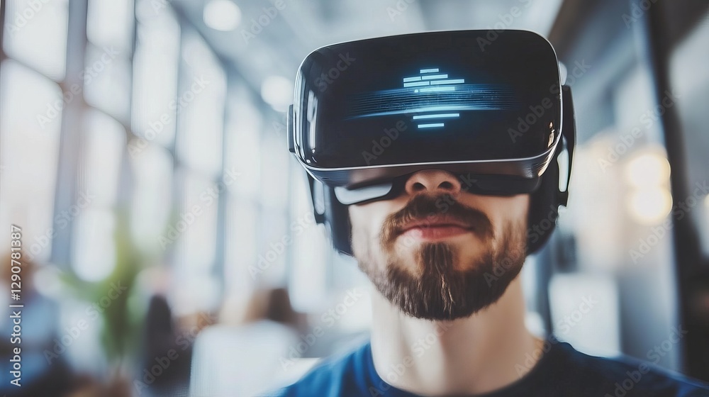 Poster modern man using virtual reality headset futuristic technology immersive experience digital innovati