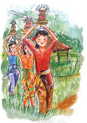 Balinese Women Carrying Offerings watercolor illustration hand drawn