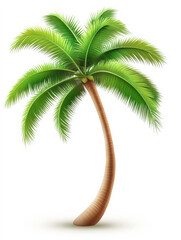 A realistic tropical palm tree with a slightly curved trunk and bright green fronds