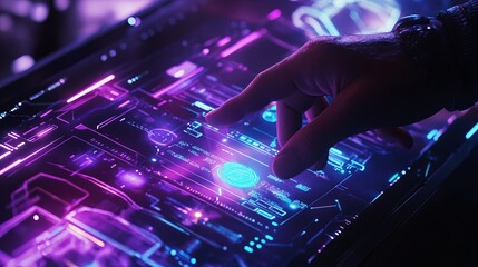 Futuristic Digital Interface Neon Glowing Screen Technology Hand Interaction Purple Blue Abstract Background Modern Design Innovative Technology User 