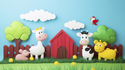 Fototapeta premium Colorful farm scene with cartoon animals, including pig, cow, and sheep, set against blue background with clouds and red barn. Perfect for children decor or educational materials