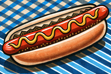 hot dog with mustard on funny background cartoon illustration fast food