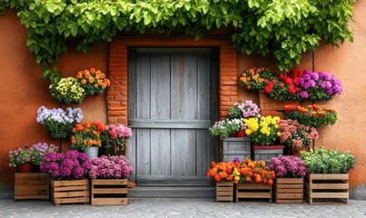 Fototapeta premium Rustic Brick House with Flower Display and Wooden Door
