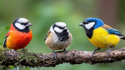 Obraz premium Three colorful birds perched on branch, forest background, nature photography