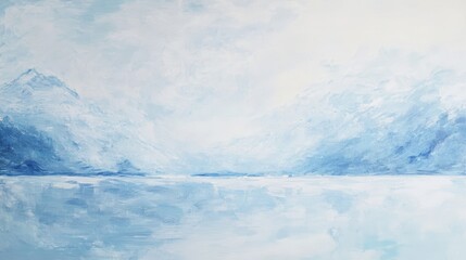 Obraz premium Blue watercolor landscape with mountains and serene lake, calm atmosphere, and soft reflections. Abstract sky scene with light and tranquility.
