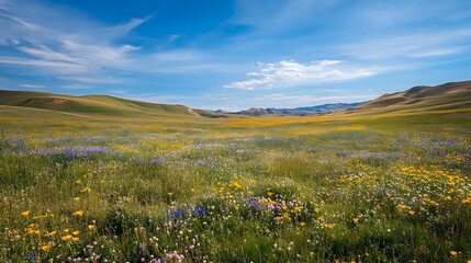 Expansive Wildflower Valley with Golden Dunes and Dramatic Blue Sky