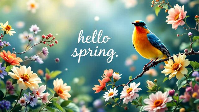 Text hello spring on background with beautiful flowers and bird. spring season with plants, leaves and colorful flowers. Begin springtime. Floral spring concept. 