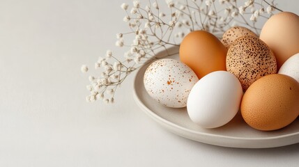 A chic arrangement of Easter eggs in a neutral bowl, highlighting soft color palettes and textures, perfect for a serene spring decor ambiance.