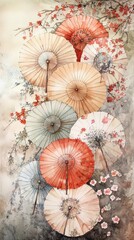 Artistic painting depicting colorful umbrellas adorned with beautiful flowers in a bright scene