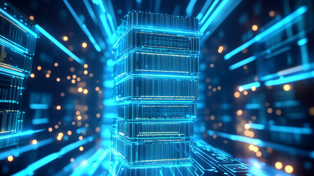 A captivating neon-lit composition of vertically stacked processing chips, each level interconnected by radiant energy channels flowing with high-speed data transfer