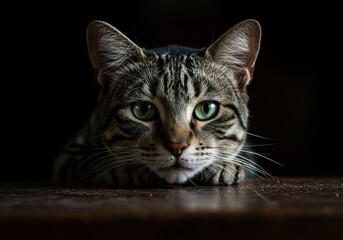 Captivating Close-Up Portrait of a Green-Eyed Tabby Cat Resting on a Wooden Surface, Perfect for Animal Lovers and Cat-Themed Designs