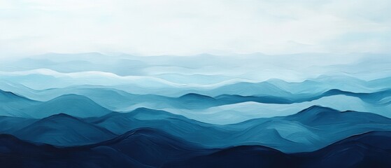 Blue mountain landscape with smooth gradients, layers of fog, serene nature scene, tranquil scenery, panoramic view of distant hills at sunrise.