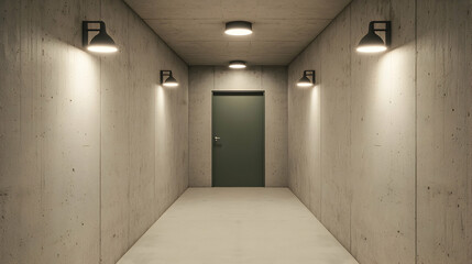 Concrete corridor, door, lights, underground, security
