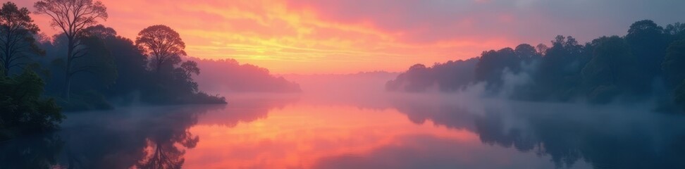Fototapeta premium Misty sunrise over calm DuPage River, fog clinging to banks, fog, vegetation, photo