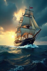 Obraz premium Majestic ship, stormy sea, golden light, impressionistic style, canvas, waves