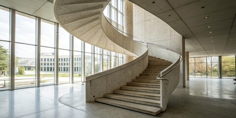 Obraz premium Modern Minimalist Concrete Spiral Staircase Interior Design - Bright Spacious Home Architecture