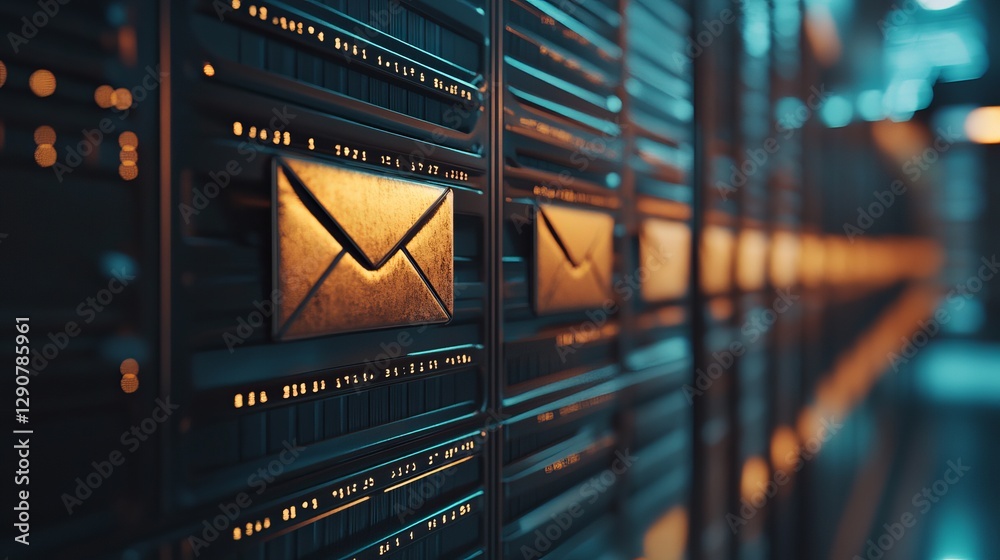 Poster digital email server network technology abstract background golden envelope modern data center infra